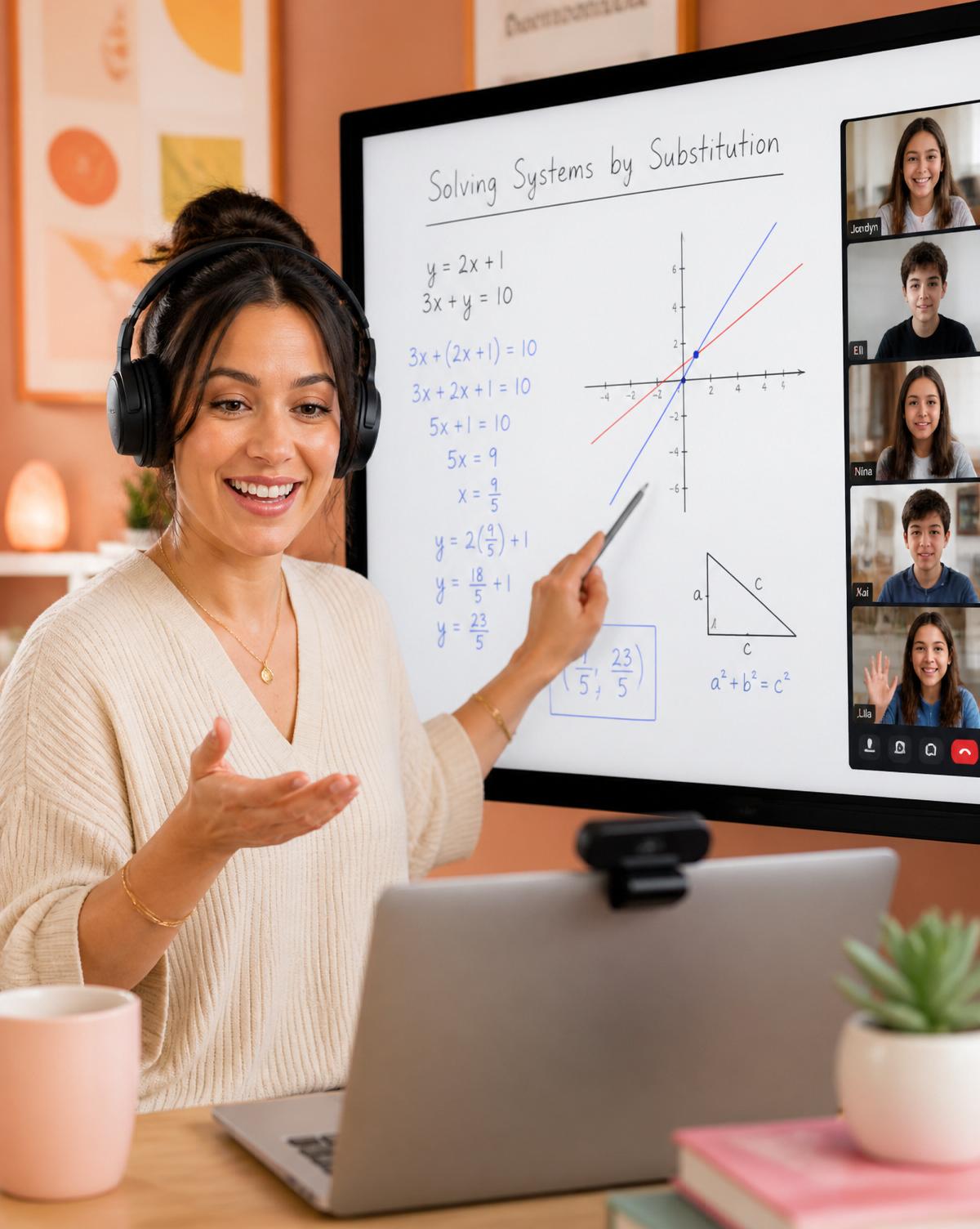 Teacher smiling in a bright home study